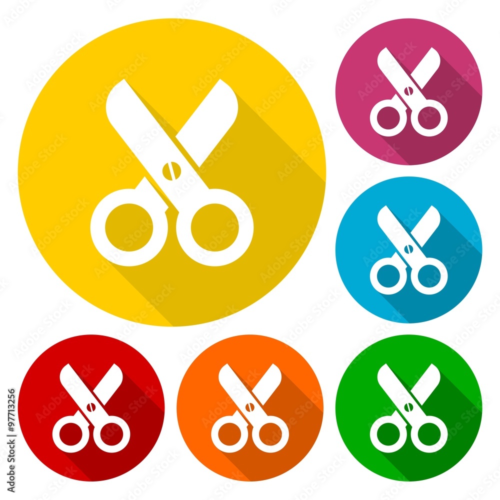Poster simple scissors symbol icons set with long shadow