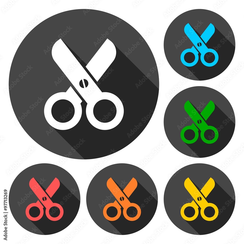Poster simple scissors symbol icons set with long shadow