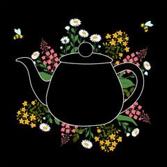 Herbs around the teapot on a black layer with the flying bees