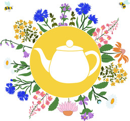 Herbs around the teapot in the circle on white background with flying bees