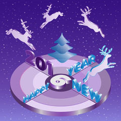 Four reindeers run around New Year target. Vector illustration. Isometric view.