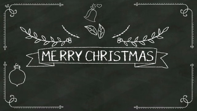 Handwriting  'Merry Christmas' at chalkboard. with various graphic.