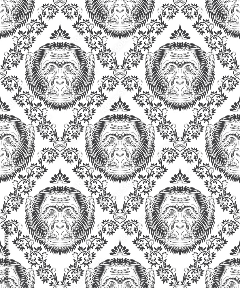 Poster abstract seamless pattern of repeating monkey head. background in antique style.