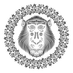 Monkey head in round wreath. Patterned abstract concept in antique style. Symbol of Chinese horoscope.