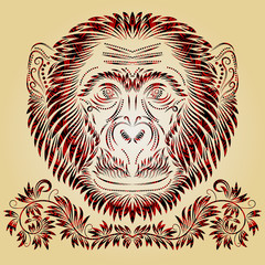 Fiery monkey head. Patterned monkey head in tribal totem tattoo style. Decorative silhouette of monkey head with elements of ethnic ornaments.