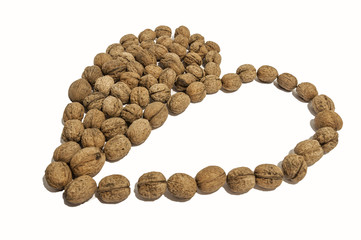 Walnuts heart shaped on white background