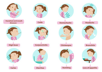 sick daughter Sick characters set of Children 12 diseases isolated vector illustration