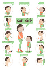 sick son Mother and son were sick thermometer  twelve shots.Infographic.vector illustration 