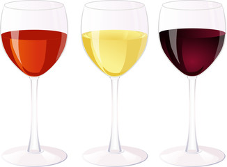 Three isolated glass of wine on a white background.