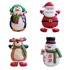 Different funny clay Christmas decorations ( reindeer, Santa Claus,penguin,snowman  ) on a white background . 