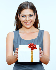 Young business woman  with gift box.