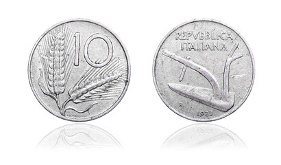 10 italian lira coin isolated on white background - obrazy, fototapety, plakaty