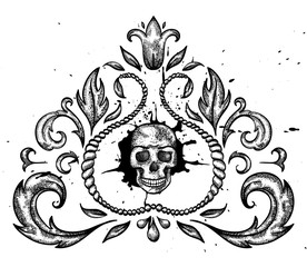 Design element with skull and leaves.