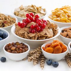 assortment of different breakfast cereal, dried fruit and berry