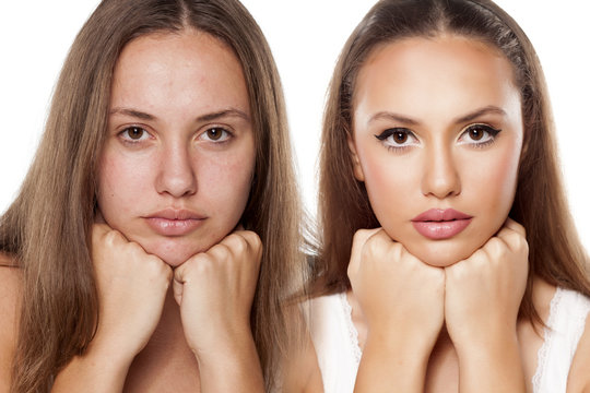 Fototapeta Comparison portrait of a woman without and with makeup