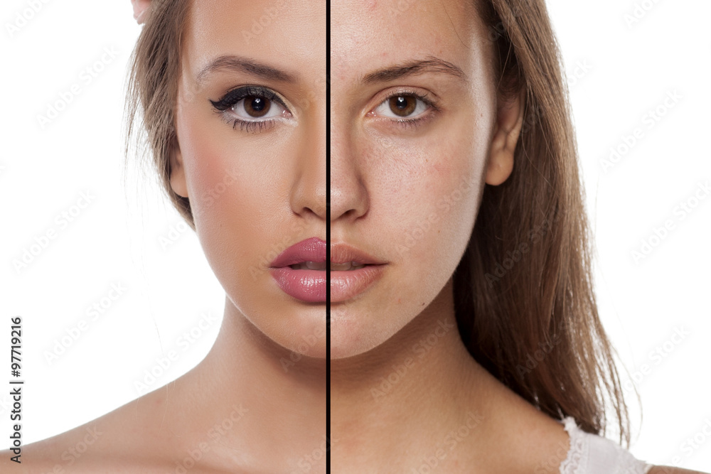 Wall mural Comparison portrait of a woman without and with makeup