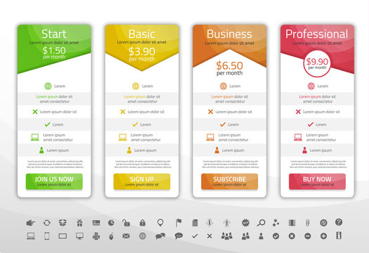 Light pricing list with 4 options. Different shapes of tables. Icon set included