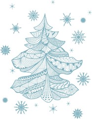 Christmas card in zentangle style. Christmas tree. Coloring page on white background.