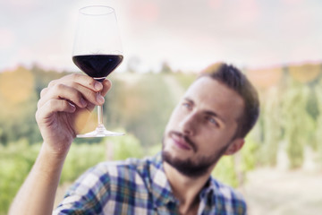 handsome bearded man looking glass of wine before drinking