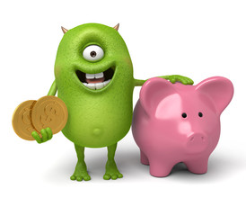 Little monster and a piggy bank © Jane