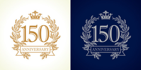150 anniversary luxury logo. Template logo 150 royal anniversary with a frame in the form of laurel branches and vintage number one hundred and fifty.