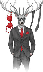 man with deer's head and lingerie items on horns