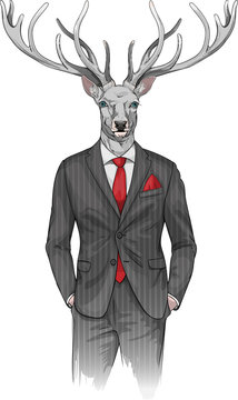 man with deer's head dressed in a suit