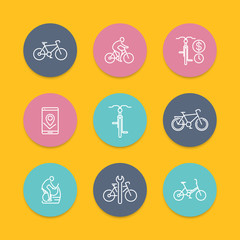 Cycling, cyclist, bike repair, line round flat icons, vector illustration