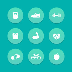 Fitness aquamarine icons, vector illustration