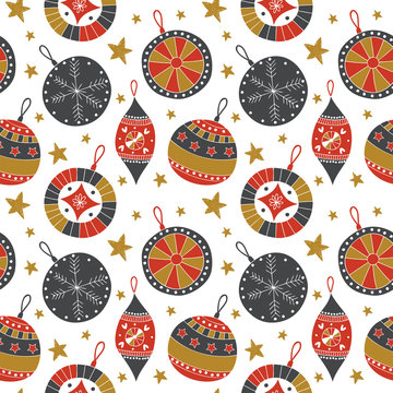 Christmas pattern with tree's toys, holly and stars. 