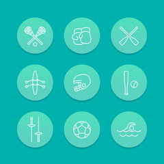 sports and games line icons, aquamarine set, vector illustration