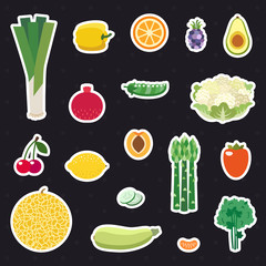 Vegetable and fruit multicolored stickers (icons) vector set. Modern minimalistic flat design.