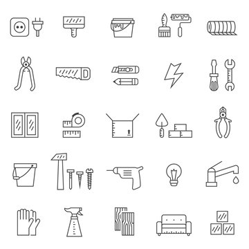 Home repair and construction outline gray vector icons set. Modern minimalistic design.