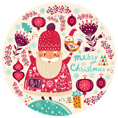 Beautiful vector Christmas illustration with cute Santa Claus