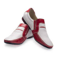 A pair of red-white male shoes without laces