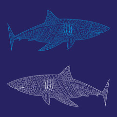 Blue sharks from squares, circles and flowers.