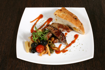 appetizer of fried meat and canned vegetables