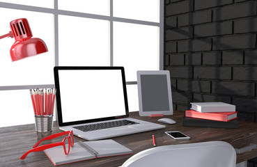 3D illustration laptop and work stuff on table near brick wall, Workspace