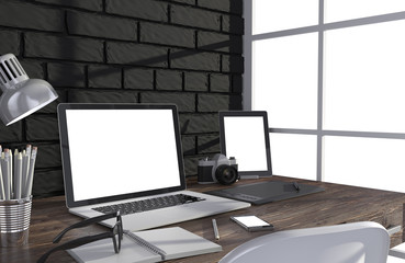 3D illustration laptop and work stuff on table near brick wall, Workspace