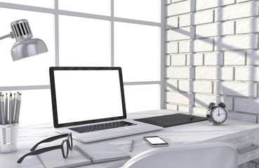 3D illustration laptop and work stuff on table near brick wall, Workspace