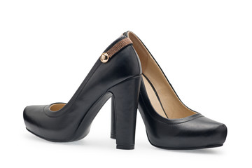 A pair of women's shoes black stilettos with a decorative belt