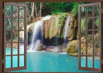 Keuken spatwand met foto Open window view to deep jungle waterfall © leksele