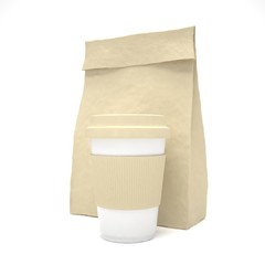 Coffee to go and lunch bag, on white.
