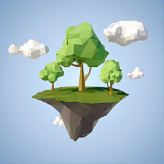 Low polygonal geometric trees and island. Abstract vector Illustration, low poly style. Stylized design element.