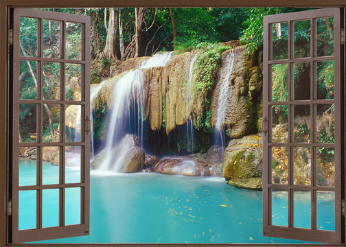Open window view to deep jungle waterfall