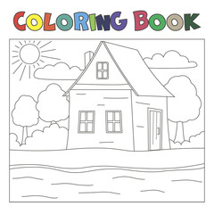 Coloring book with house and river: farm landscape