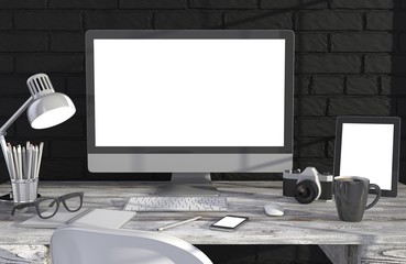 Fototapeta premium 3D illustration PC screen on table in office, Workspace