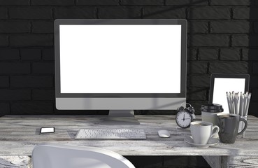 Fototapeta premium 3D illustration PC screen on table in office, Workspace