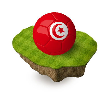 3d realistic soccer ball with the flag of Tunisia on a piece of rock with stripped green soccer field on it. See whole set for other countries.
