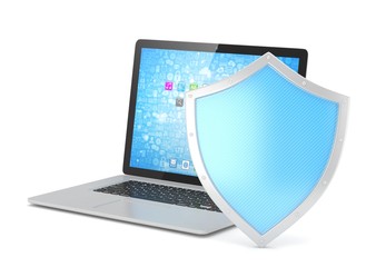 Laptop and shield on white, computer security concept